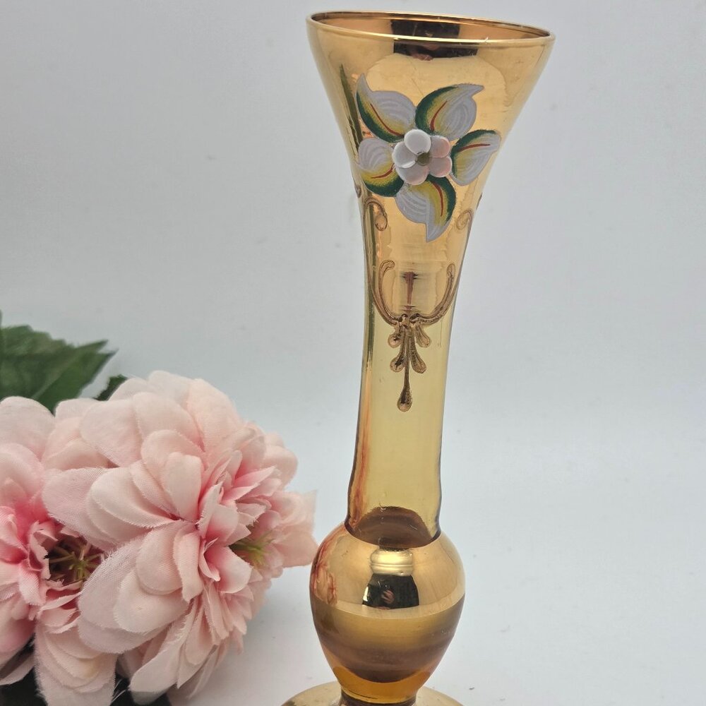 Vintage Bohemian Czech Amber Glass Floral Raised Enamel Flower Bud Vase  6 IN